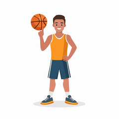 Fototapeta premium A cartoon man in sports attire spinning a basketball on his finger, smiling cheerfully.