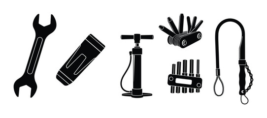 Bicycle maintenance equipment. Various bike repair tools set. Bike workshop symbols.