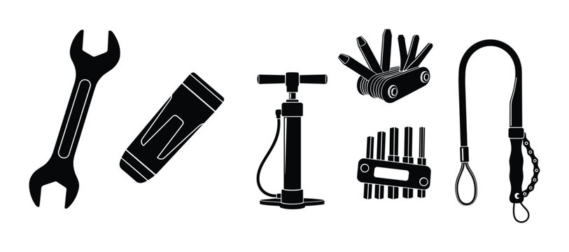 Bicycle maintenance equipment. Various bike repair tools set. Bike workshop symbols.