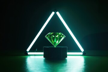 Diamond with neon light triangle on black stand