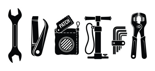 Black silhouette icons depicting different repair and maintenance tools for various tasks