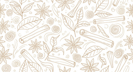 Seamless pattern of hand-drawn cinnamon sticks, star anise, and tea leaves in a warm brown outline on a white background.