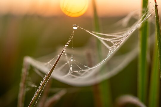Macro shot of a dew-covered spiderweb on a blade of grass with a soft sunrise in the background water droplets