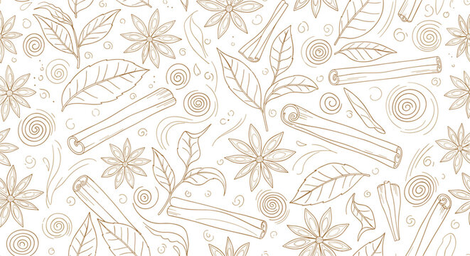 Seamless pattern of hand-drawn cinnamon sticks, star anise, and tea leaves in a warm brown outline on a white background.