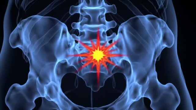 Pelvic Pain Animation XRay View of Hip Bones with Red and Yellow Pain Indicator