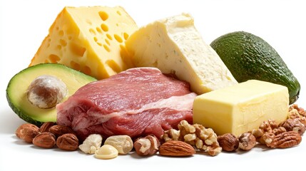 Keto diet ingredients, cheese, meat, butter, nuts, avocado, isolated on white background, 8k high resolution. 
