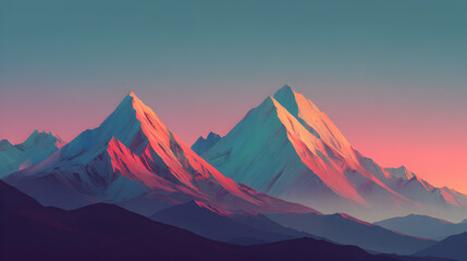 Serene Sunset Over Majestic Snow-Capped Mountains with Vibrant Pink and Blue Sky Creating a Tranquil Atmosphere in Nature's Stunning Landscape