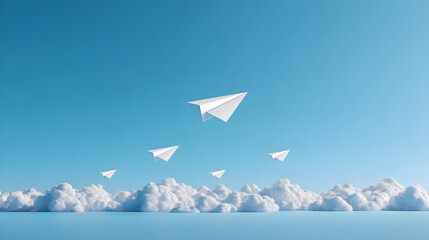 Paper airplanes soaring through a bright blue sky above fluffy white clouds, symbolizing freedom, creativity, and childhood imagination in a serene landscape