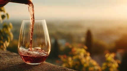 Red Wine Pouring: Glass, Vineyard, Golden Hour, Luxury