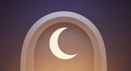 Crescent moon glowing inside an archway at night