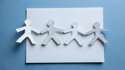 Creative Paper Cutout Figures Holding Hands on a Light Blue Background, Symbolizing Unity, Friendship, Community, and Togetherness in Collaborative Efforts