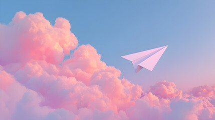 Elegant Paper Airplane Flying Through Colorful Cotton Candy Clouds During a Serene Sunset, Ideal for Dreamy and Inspirational Themes in Digital Art or Photography