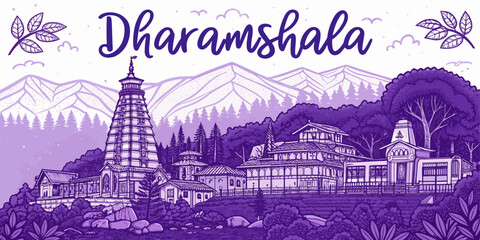 Dharamshala Skyline Sketch with Himachal Culture, Bhagsunag Temple, Cricket Stadium, and Tibetan Monastery &ndash; Artistic Line Art for Travel Posters, Wall Decor, and Tourism Design