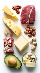 Keto diet ingredients, cheese, meat, butter, nuts, avocado, isolated on white background, 8k high resolution. 