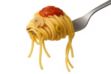 Flying spaghetti monster concept, spaghetti on fork with tomato sauce, mushroom, olive, pasta dish