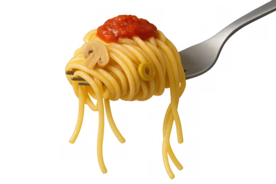 Flying spaghetti monster concept, spaghetti on fork with tomato sauce, mushroom, olive, pasta dish