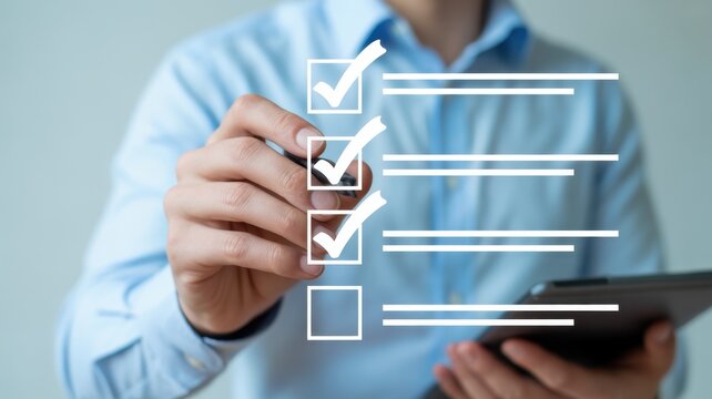 Checklist: A close-up shot captures a person completing a checklist, emphasizing the importance of planning, strategy, and efficient execution.