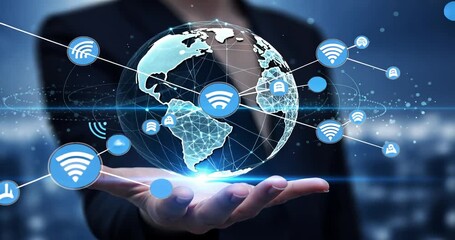 Business professional holding a glowing globe with Wi-Fi and security icons, showcasing technology connectivity - Powered by Adobe