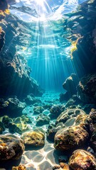Obraz premium Sunlit underwater cavern, rays of light filtering down through the blue water
