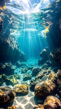 Sunlit underwater cavern, rays of light filtering down through the blue water