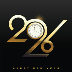 Luxury Happy New Year 2026 with stylized golden clock logo. Vector