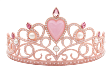 Rose Gold Princess Tiara with Pink Heart Gem and Pearls on White Background crown isolated on a transparent background