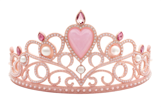 Rose Gold Princess Tiara with Pink Heart Gem and Pearls on White Background crown isolated on a transparent background