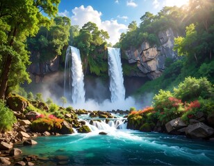 Stunning cascading waterfalls flowing into a clear, turquoise river
