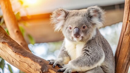Naklejka premium Adorable koala sitting in a tree at Zoo de Beauval