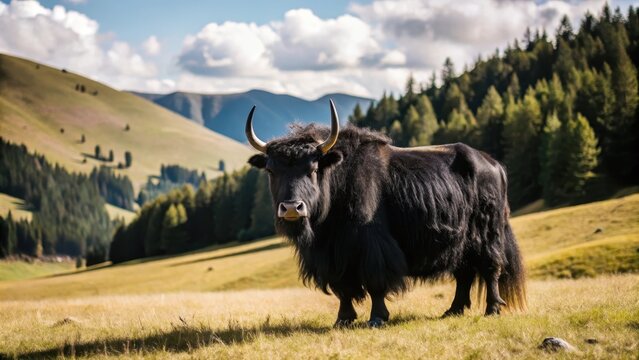 A solitary black yak roams freely in a lush green meadow surrounded by rolling hills and tall trees