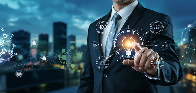 businessman holding light bulb against nature on city background with icons energy sources for renewable, sustainable development, Ecology and renewable energy concept. - Powered by Adobe