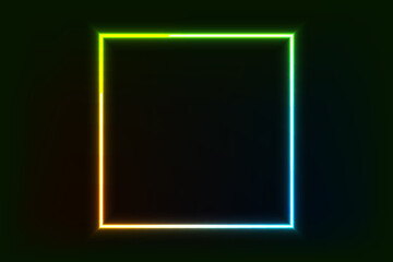 A glowing neon square frame with a vibrant gradient from yellow to green to blue, set against a dark background. Sleek, modern, and eye-catching.