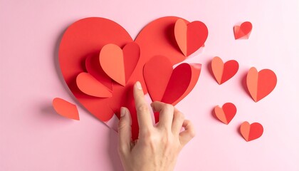 A close-up shot of a hand arranging a collection of red paper hearts against a pastel pink background, symbolizing affection