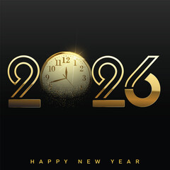 Luxury Happy New Year 2026 with stylized golden clock logo. Vector