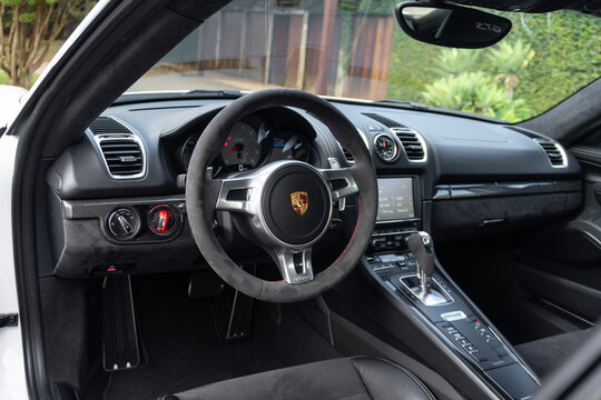 Porsche Cayman GTS alcantara steering wheel interior, Sports car cockpit view