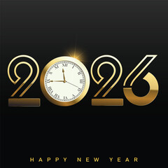 Luxury Happy New Year 2026 with stylized golden clock logo. Vector