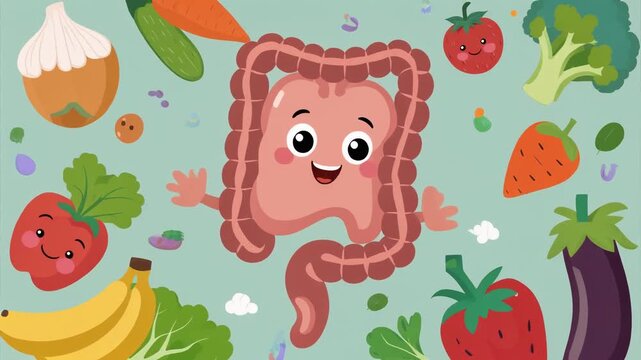 Cartoon of a smiling colon character promotes healthy eating with fruits and vegetables in a flat lay composition against a soft, pastel green background.
