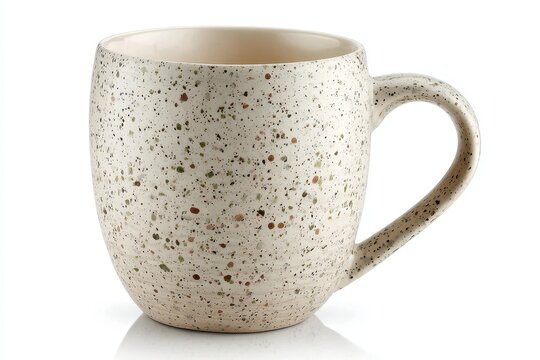 A ceramic coffee mug with speckled pattern against a white backdrop