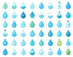A collection of various stylized water droplets in varying shades of blue, turquoise and green. Some contain internal graphic elements