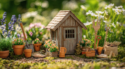 Miniature garden shed surrounded by flowers and gardening tools.