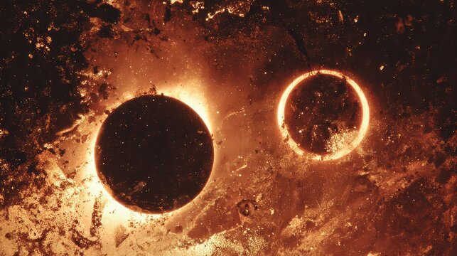 Abstract Composition of Two Illuminated Circles on a Textured Dark Background with Sparkles