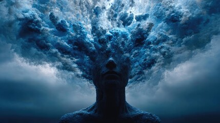 Obraz premium Overwhelmed person under exploding cloud concept. Surreal image representing the chaos and beauty of thoughts.