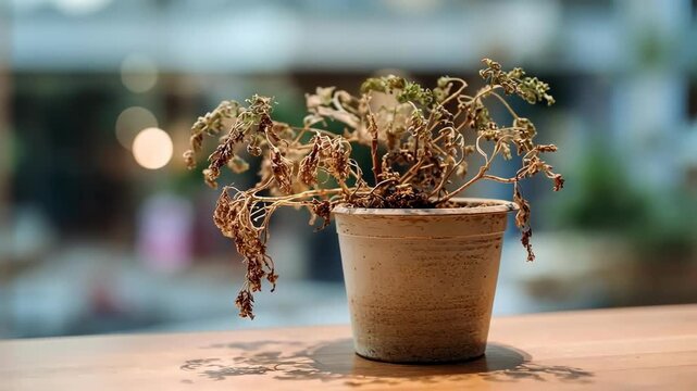 Wilted potted plant on a table, symbolizing neglect or end of life.