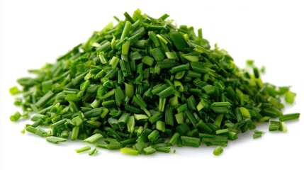 A pile of freshly chopped green chives against a white background