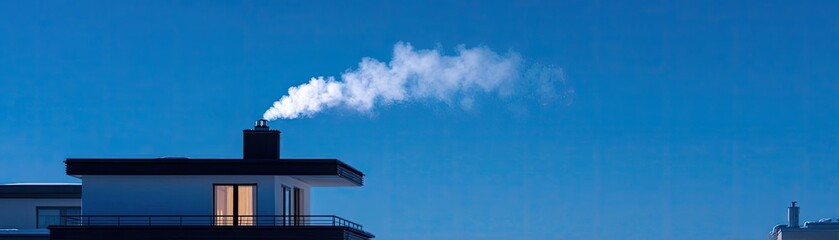 White smoke rises from the chimney concept. A modern building with a chimney emitting smoke into a blue sky.