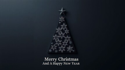 Minimalist Dark Christmas Tree with Snowflakes and Star on Black Background_11