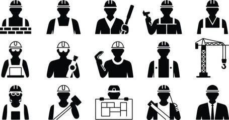 Obraz premium Diverse construction worker silhouettes with tools and safety gear collection