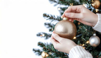 Close-up shot of hands hanging a golden ornament on a Christmas tree, detailed view of pine needles