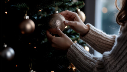 Woman decorating a Christmas tree in a cozy living room with gold and brown tones, preparing the hom