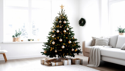 Scandinavian style Christmas tree decoration with wooden ornaments golden balls and warm fairy